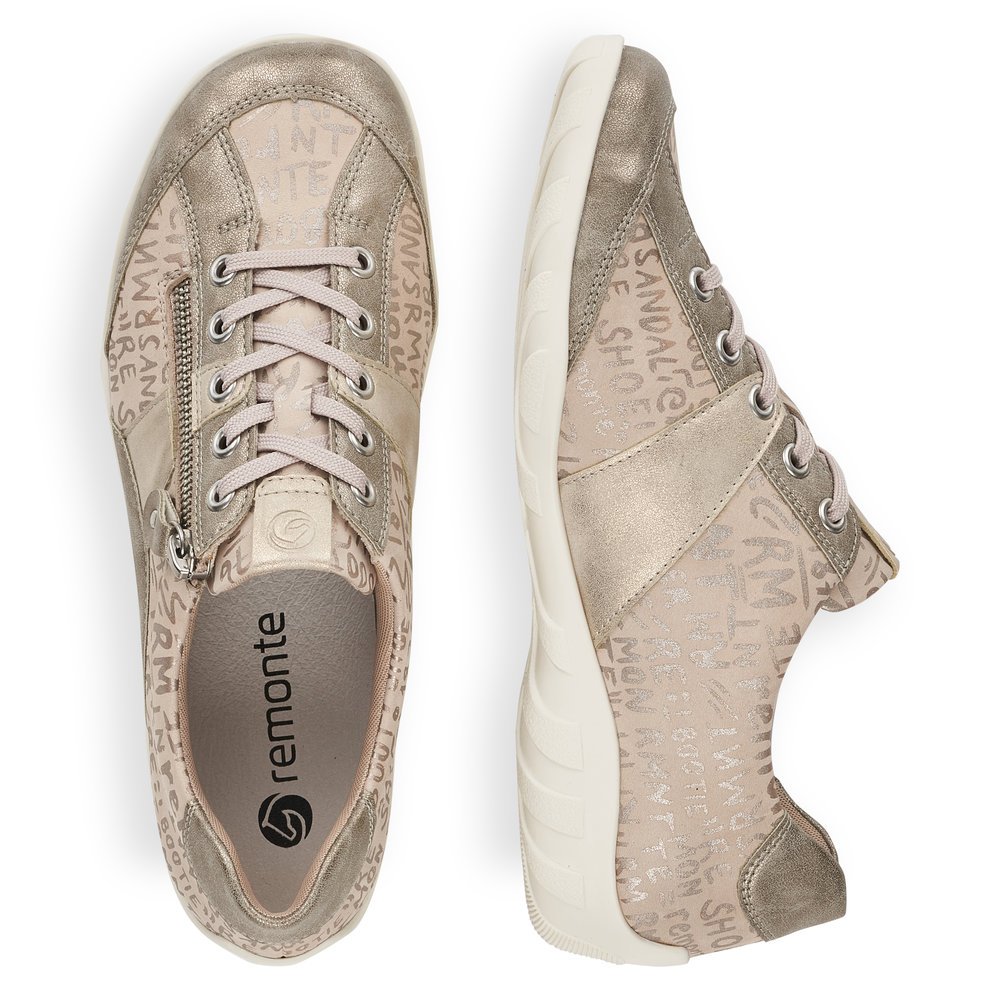 Beige remonte women´s lace-up shoes R3403-60 with a zipper and comfort width G. Shoe from the top, lying.