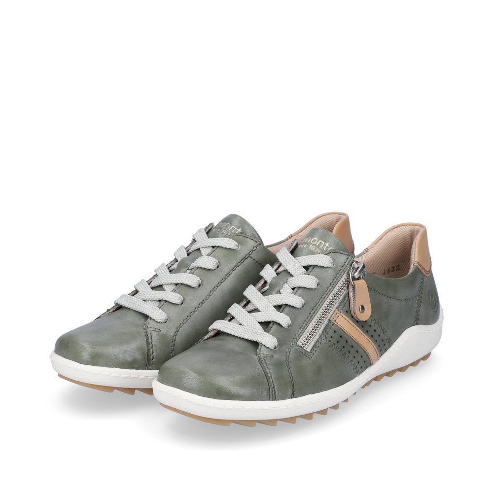 Reed green remonte women´s lace-up shoes R1432-52 with zipper and holes on the side. Shoes laterally.