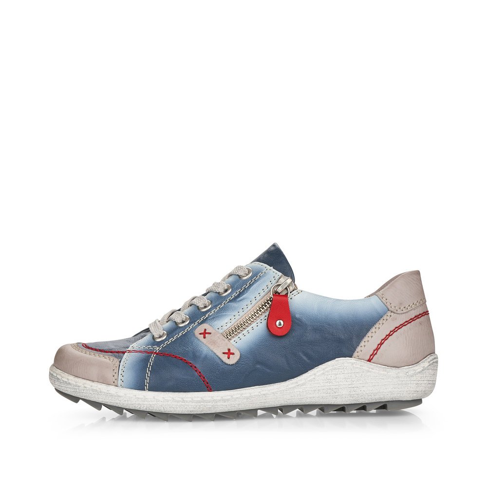 Blue remonte women´s lace-up shoes R1427-12 with zipper and red stitching. Outside of the shoe.