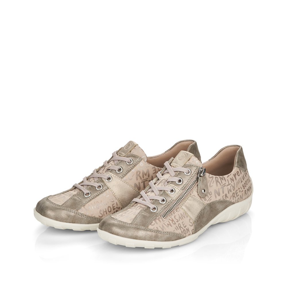 Beige remonte women´s lace-up shoes R3403-60 with a zipper and comfort width G. Shoes laterally.