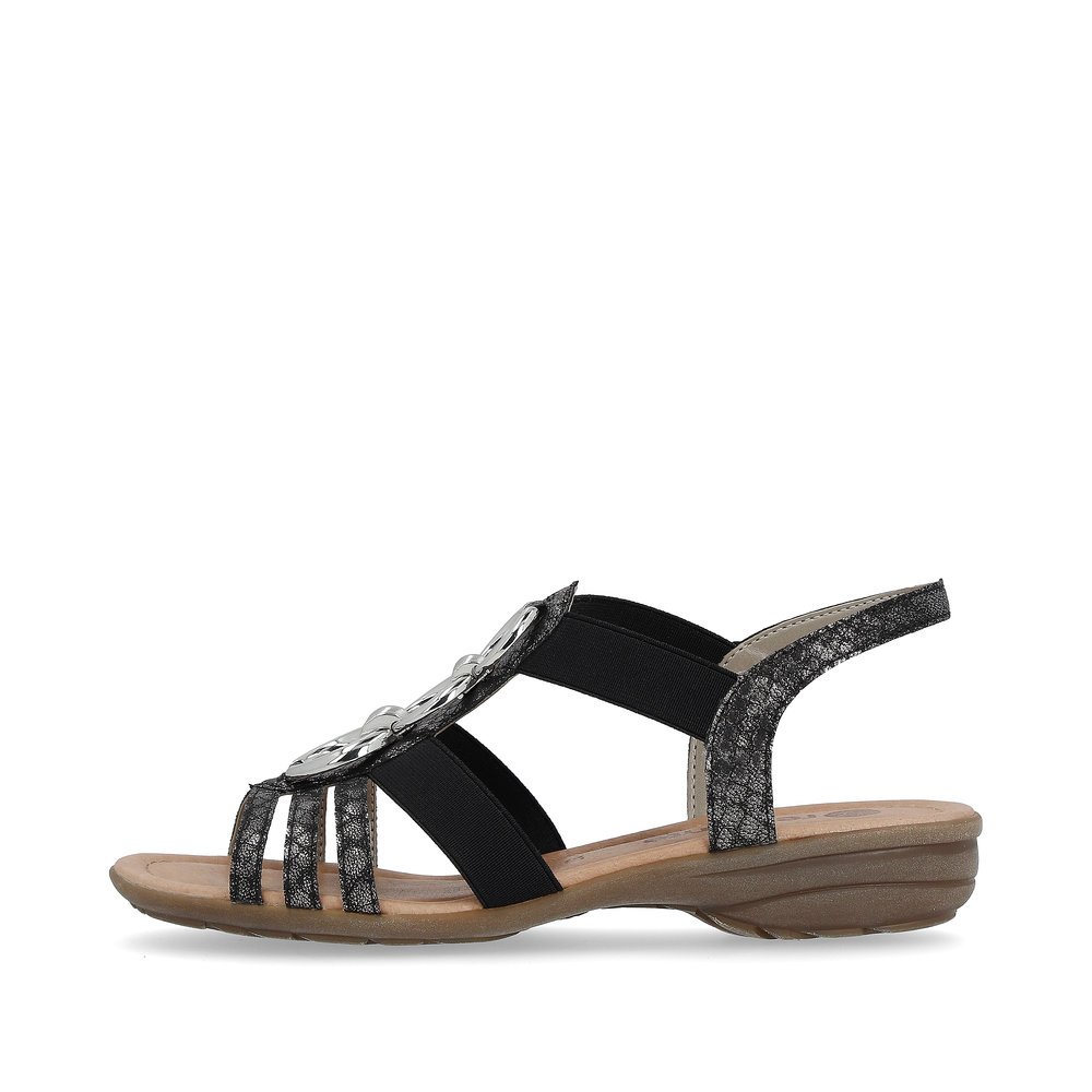 Night black remonte women´s strap sandals R3605-02 with elastic insert. Outside of the shoe.