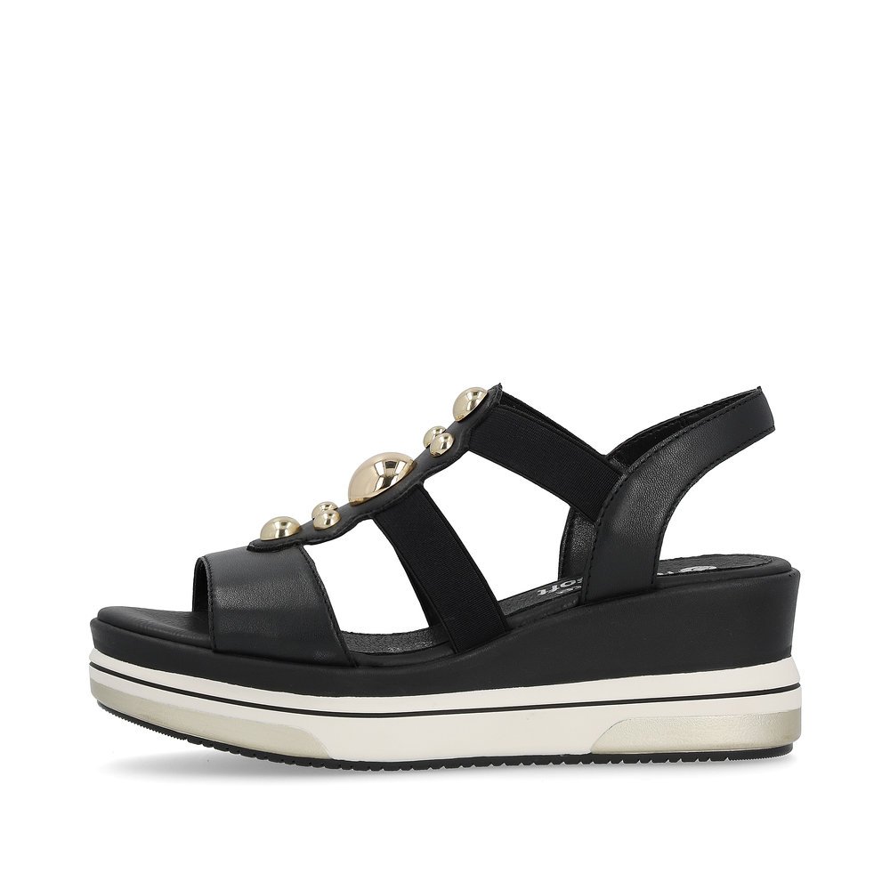 Black remonte women´s wedge sandals D1P52-02 with elastic insert and round element. Outside of the shoe.