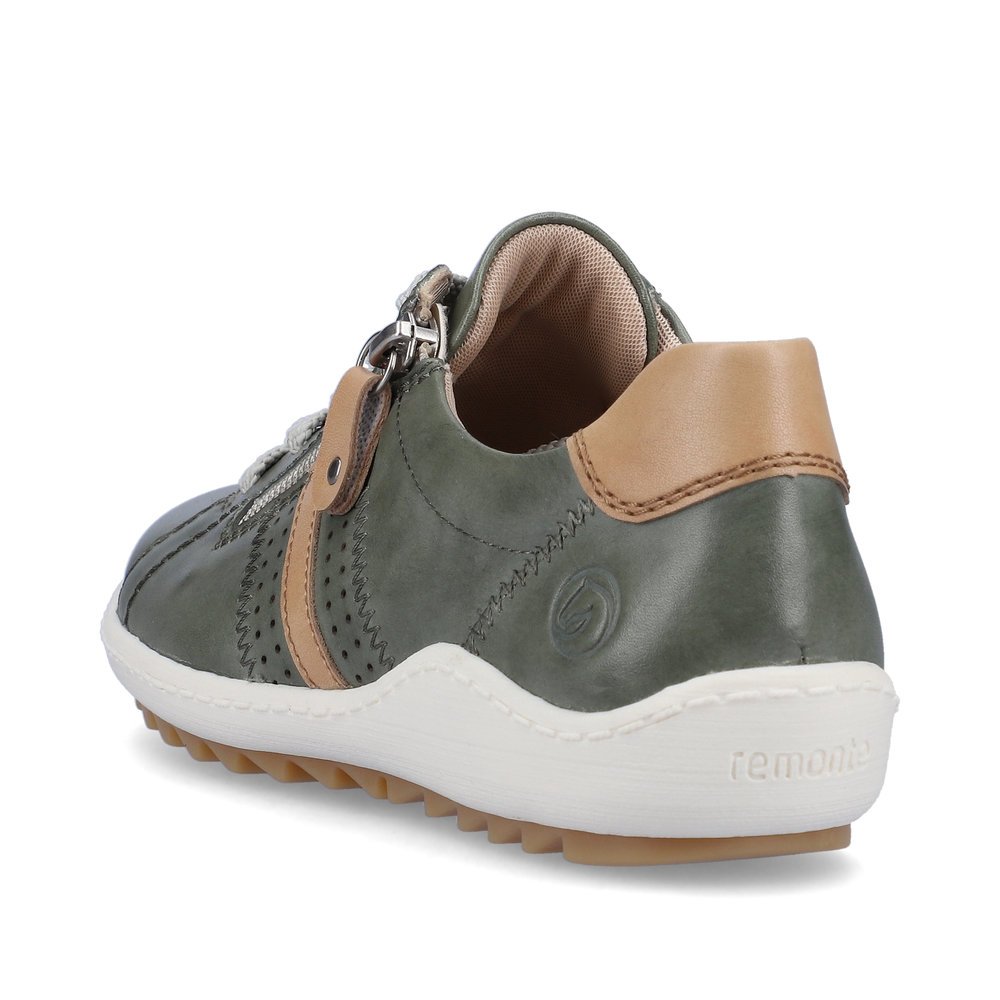 Reed green remonte women´s lace-up shoes R1432-52 with zipper and holes on the side. Shoe from the back.