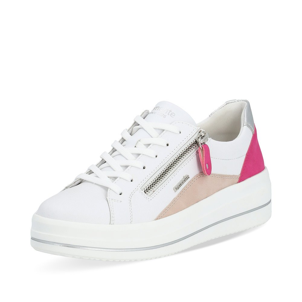 Weiße remonte Damen Sneaker D1C01-80 mit Reißverschluss sowie der Komfortweite G. Schuh seitlich schräg.