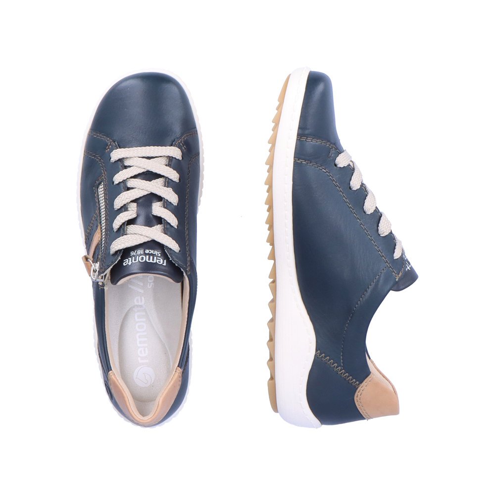 Blue remonte women´s lace-up shoes R1432-14 with zipper and comfort width G. Shoe from the top, lying.