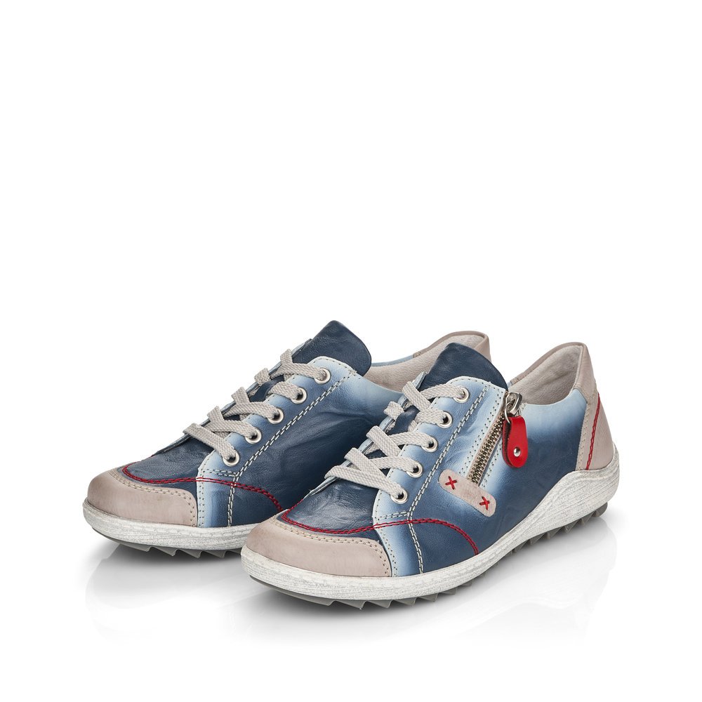 Blue remonte women´s lace-up shoes R1427-12 with zipper and red stitching. Shoes laterally.