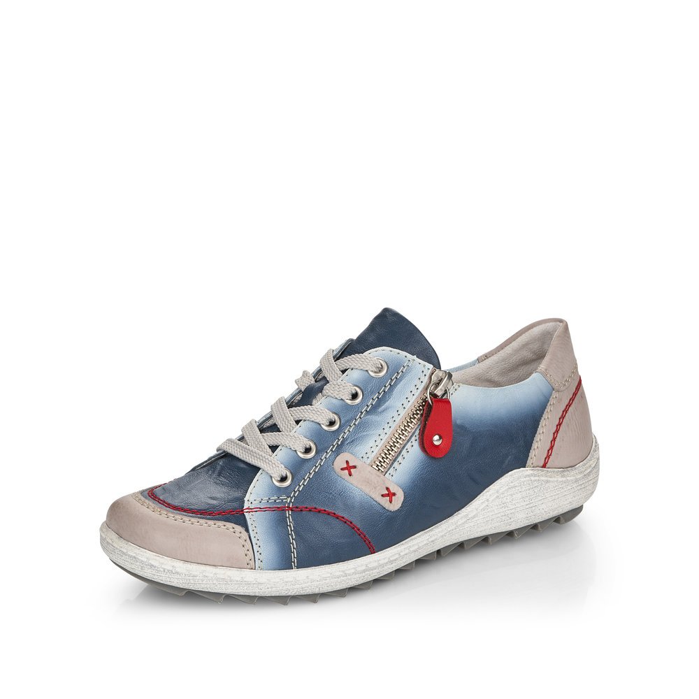 Blue remonte women´s lace-up shoes R1427-12 with zipper and red stitching. Shoe laterally.