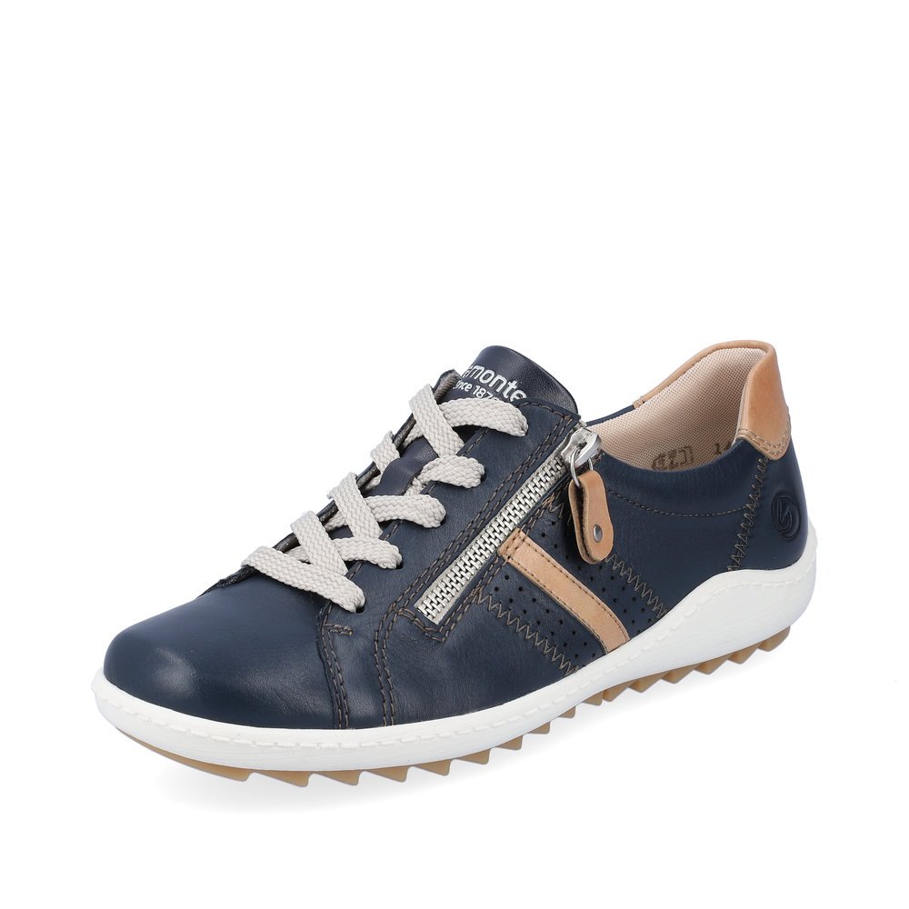 Blue remonte women´s lace-up shoes R1432-14 with zipper and comfort width G. Shoe laterally.