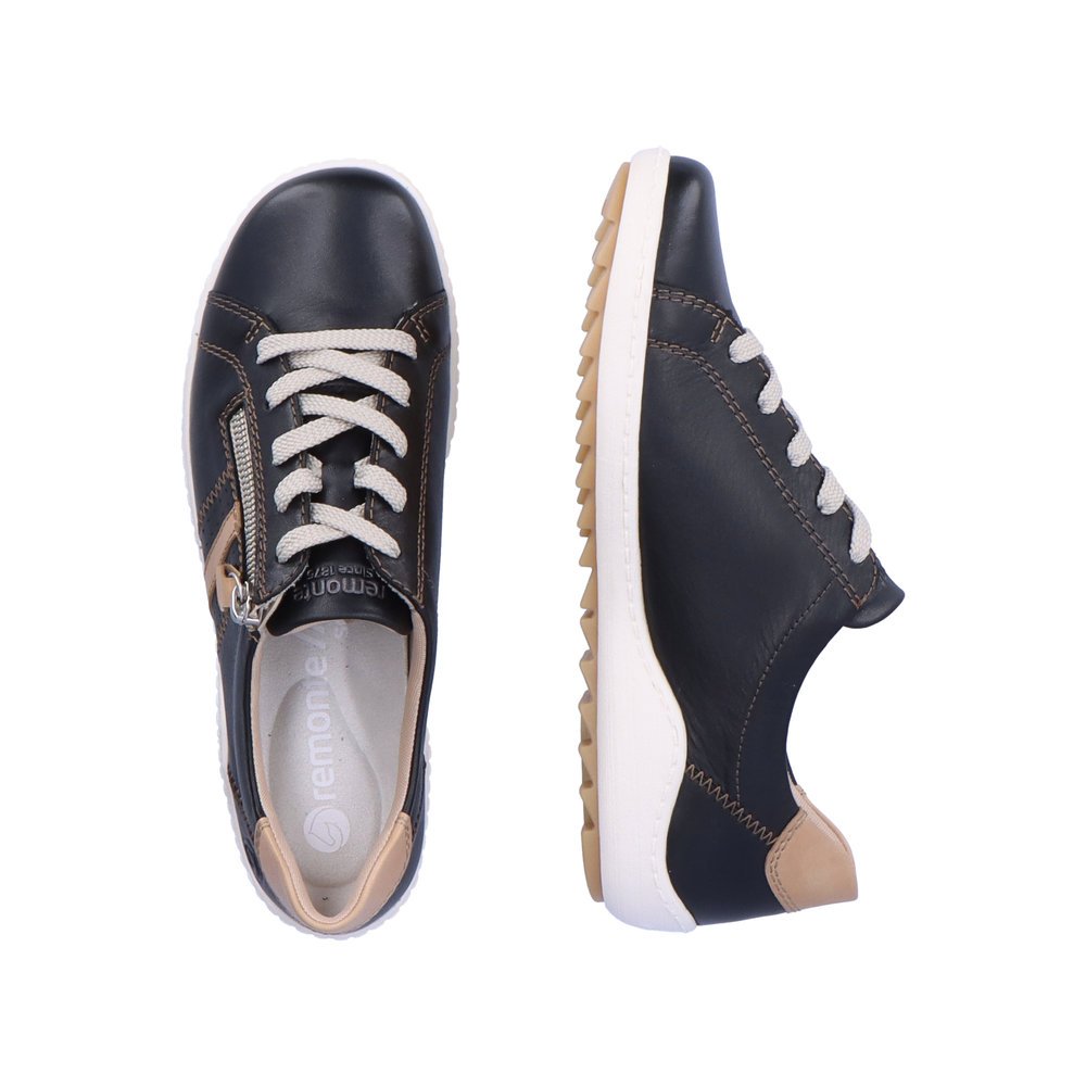 Black remonte women´s lace-up shoes R1432-01 with a zipper and holes on the side. Shoe from the top, lying.
