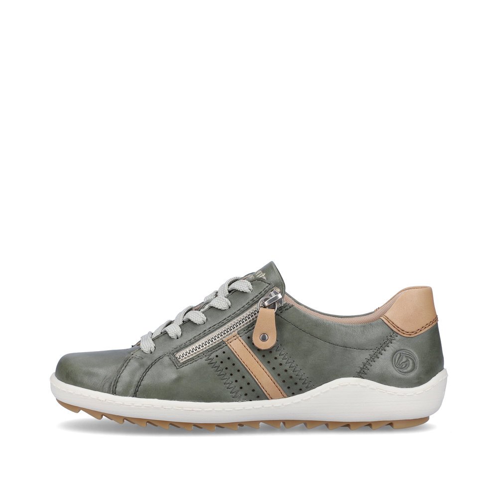 Reed green remonte women´s lace-up shoes R1432-52 with zipper and holes on the side. Outside of the shoe.