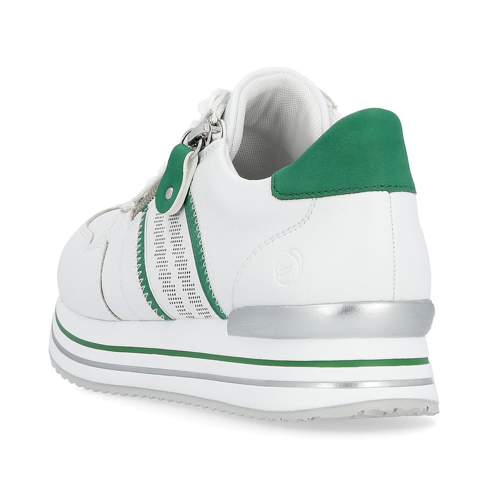 Weiße remonte Damen Sneaker D1318-82 mit Reißverschluss sowie Ziernähten. Schuh von hinten.