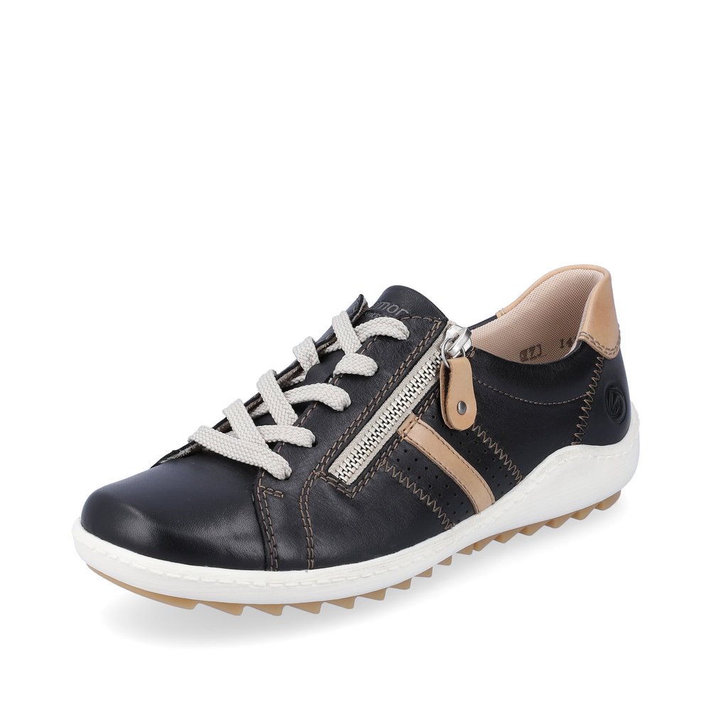 Black remonte women´s lace-up shoes R1432-01 with a zipper and holes on the side. Shoe laterally.