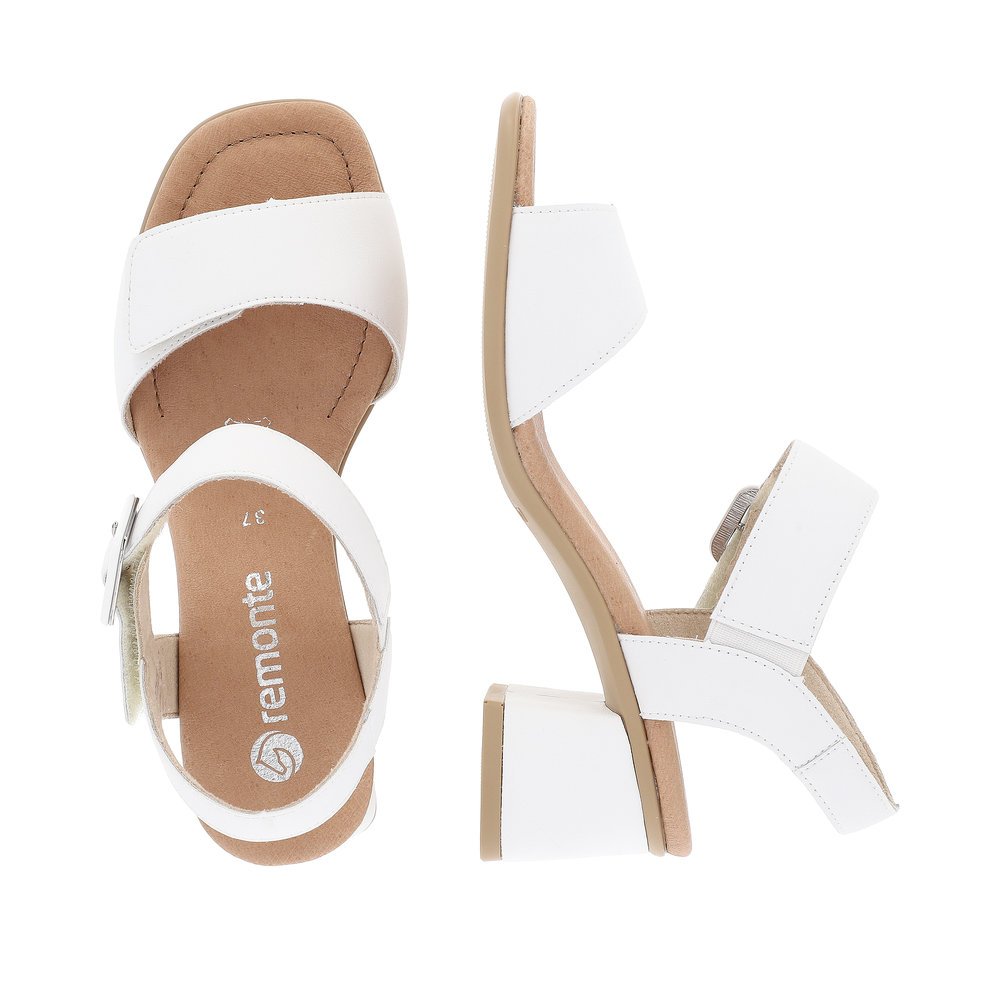 White remonte women´s strap sandals D1K51-81 with hook and loop fastener. Shoe from the top, lying.