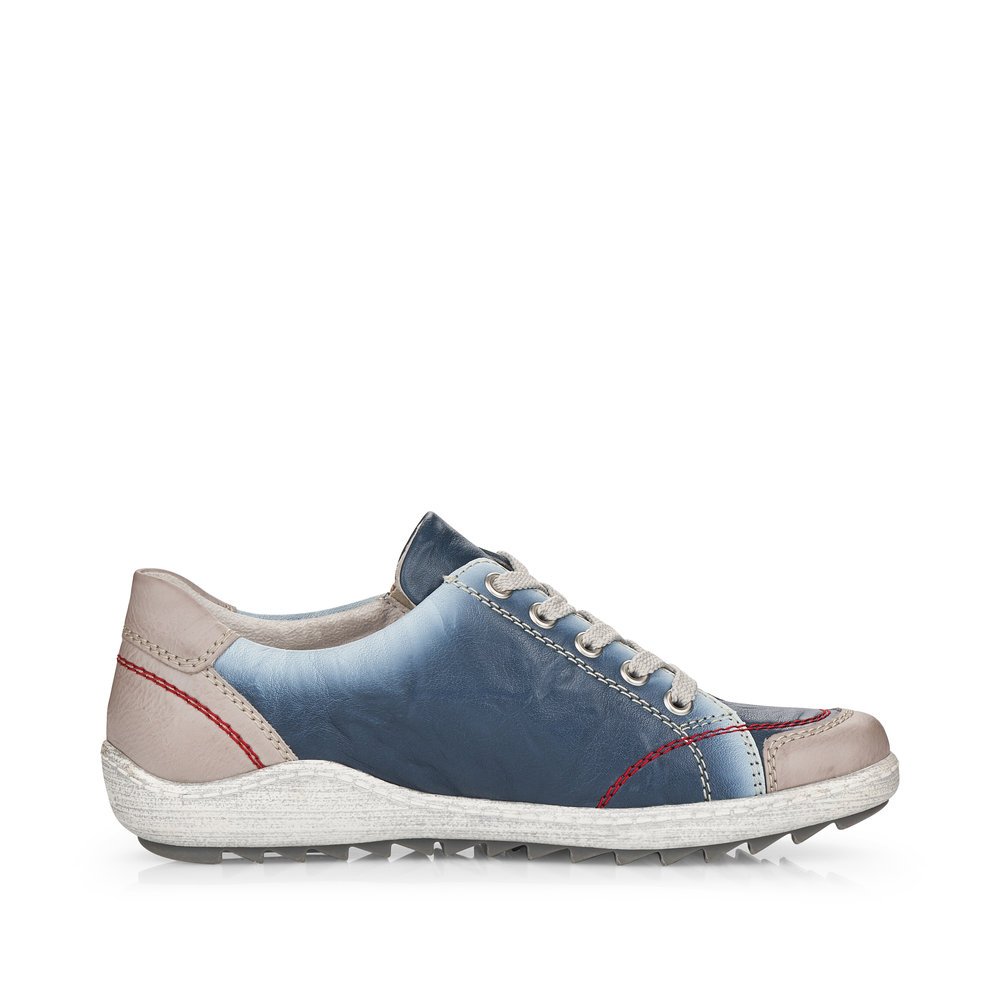 Blue remonte women´s lace-up shoes R1427-12 with zipper and red stitching. Shoe inside.