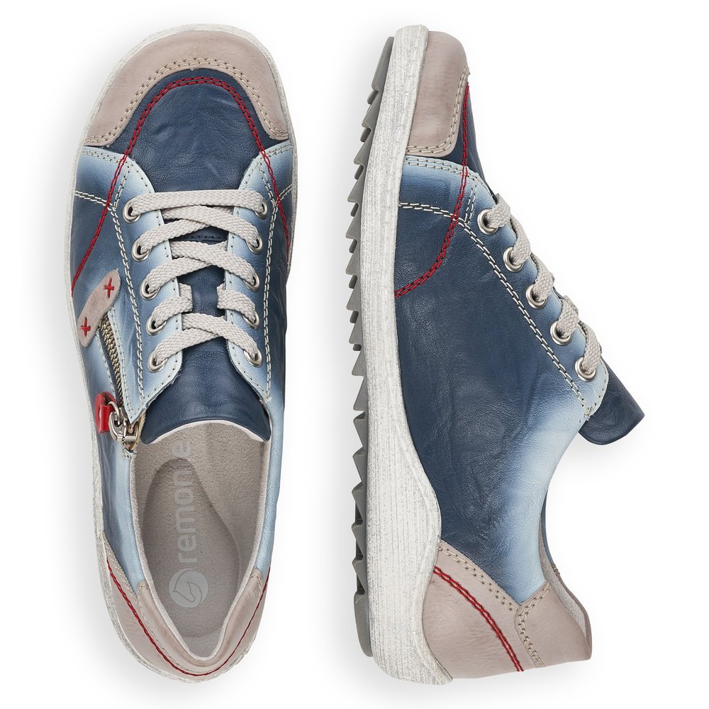 Blue remonte women´s lace-up shoes R1427-12 with zipper and red stitching. Shoe from the top, lying.