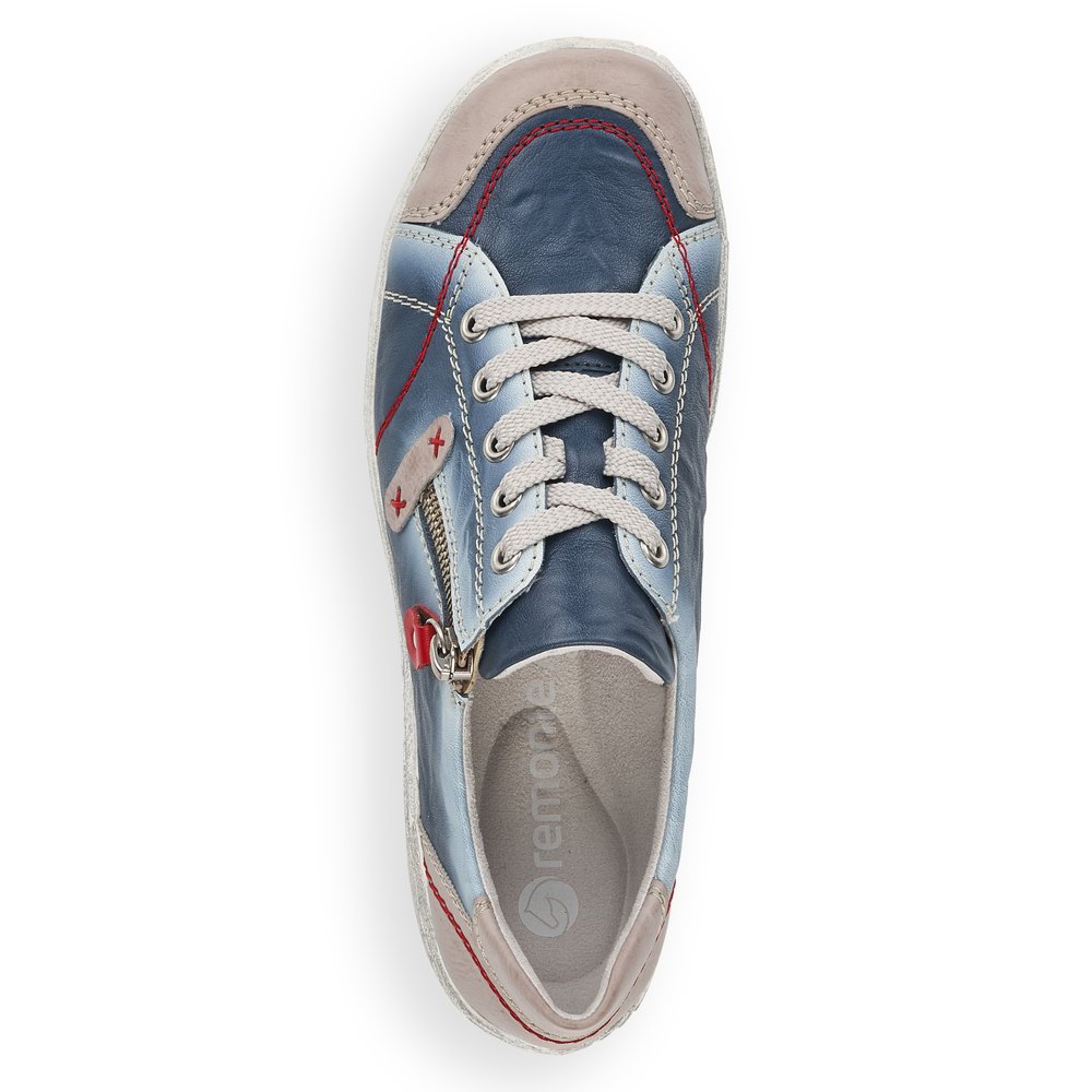 Blue remonte women´s lace-up shoes R1427-12 with zipper and red stitching. Shoe from the top.