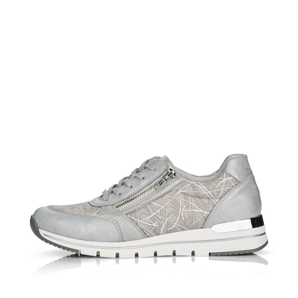 Grey remonte women´s sneakers R6700-40 with zipper and abstract pattern. Outside of the shoe.
