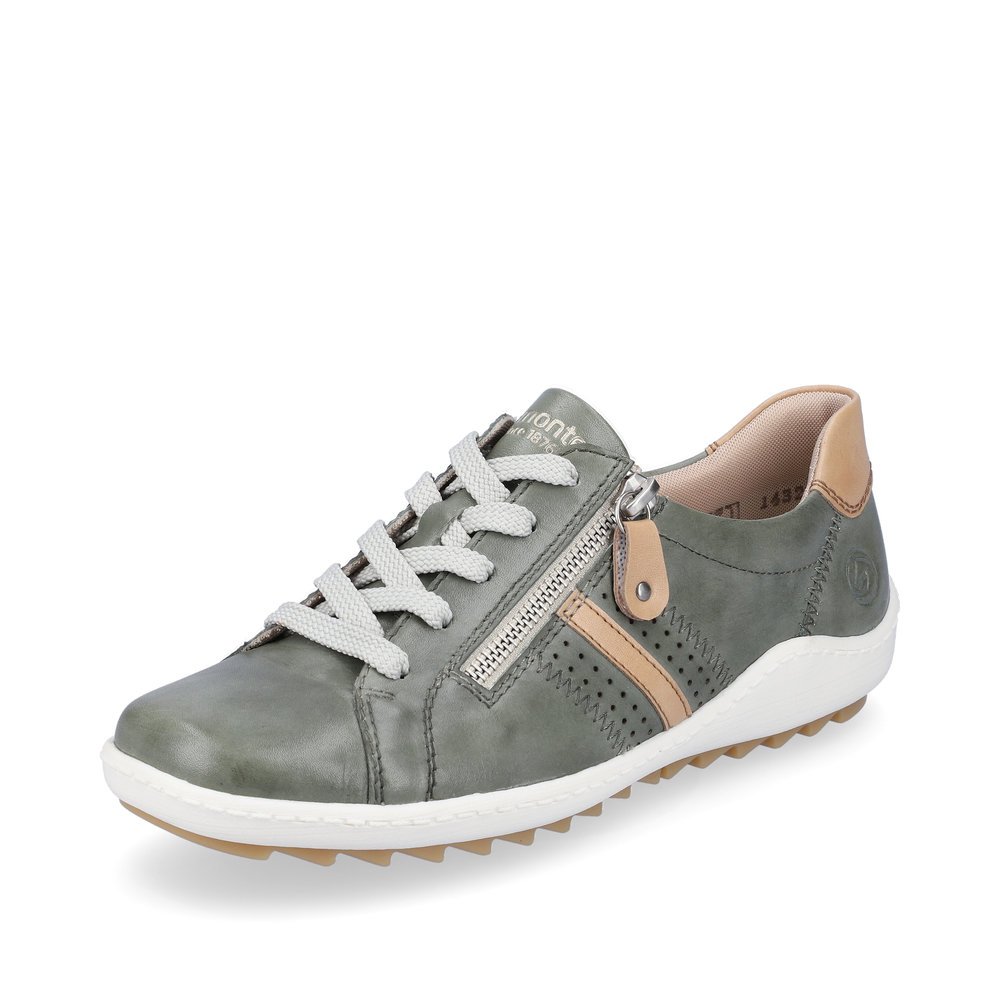 Reed green remonte women´s lace-up shoes R1432-52 with zipper and holes on the side. Shoe laterally.