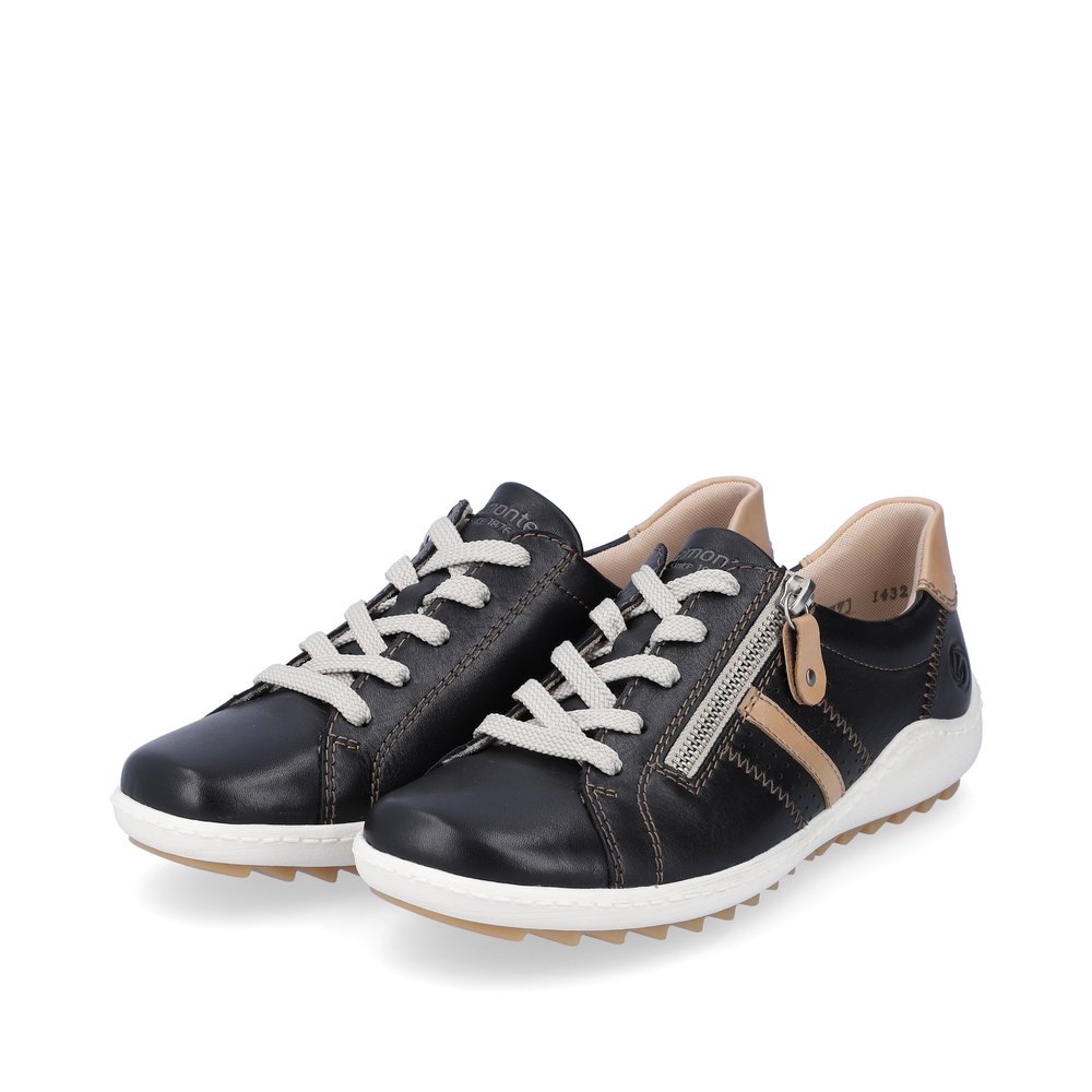 Black remonte women´s lace-up shoes R1432-01 with a zipper and holes on the side. Shoes laterally.
