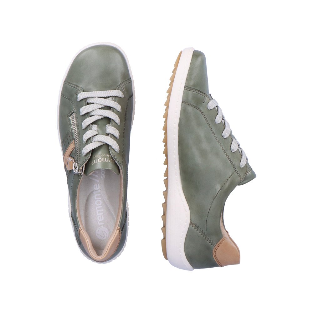 Reed green remonte women´s lace-up shoes R1432-52 with zipper and holes on the side. Shoe from the top, lying.