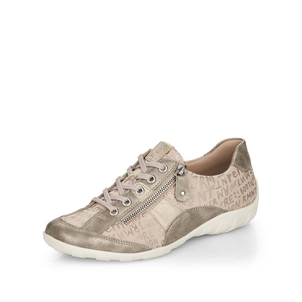 Beige remonte women´s lace-up shoes R3403-60 with a zipper and comfort width G. Shoe laterally.