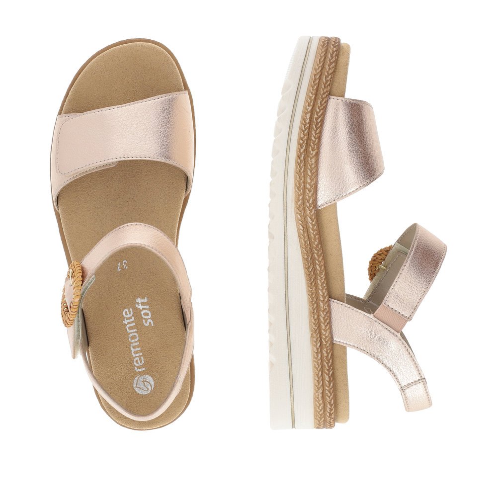 Pink remonte women´s strap sandals D0Q52-31 with a hook and loop fastener. Shoe from the top, lying.