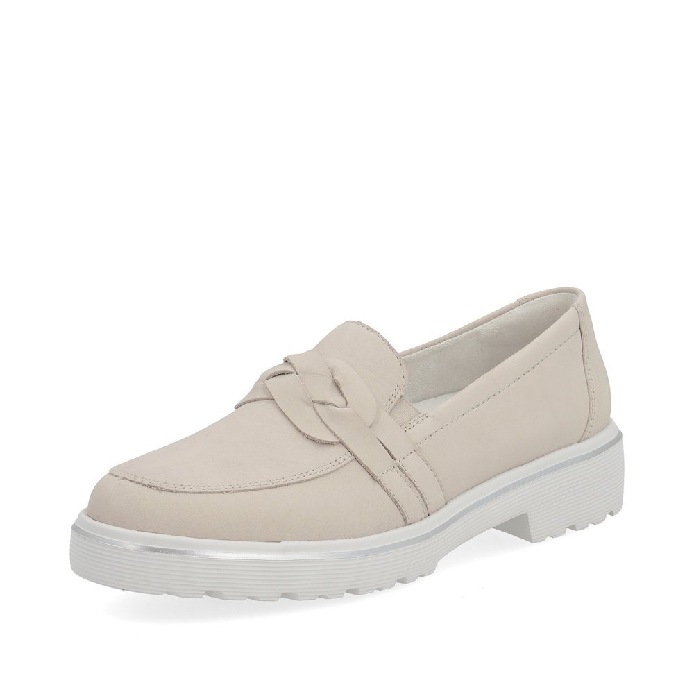 Beige grey remonte women´s loafers D1H01-40 with elastic insert and braided strap. Shoe laterally.