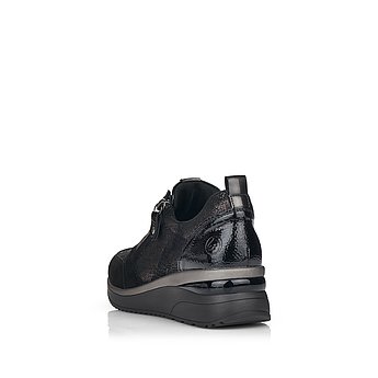 Schwarze Halbschuhe aus Veloursleder und Stretchmaterial mit Reißverschluss und Schnürung und Wechselfußbett. Schuh von hinten.
