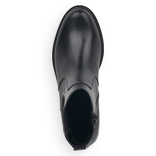 Schwarze Stiefeletten aus Glattleder mit Reißverschluss und Wechselfußbett. Schuh von oben. 