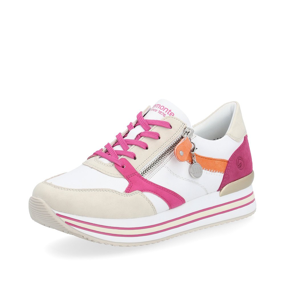 Sparkling white remonte women´s sneakers D1323-80 with a zipper and comfort width G. Shoe laterally.