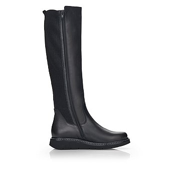 Schwarze Stiefel leicht wärmend aus Glattleder mit Reißverschluss, wasserabweisendem Remonte TEX, Stretch-Einsatz im Wadenbereich und Wechselfußbett. Schuh Innenseite.