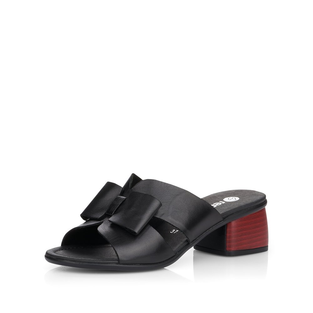 Night black remonte women´s mules R8759-01 with feminine bow. Shoe laterally.