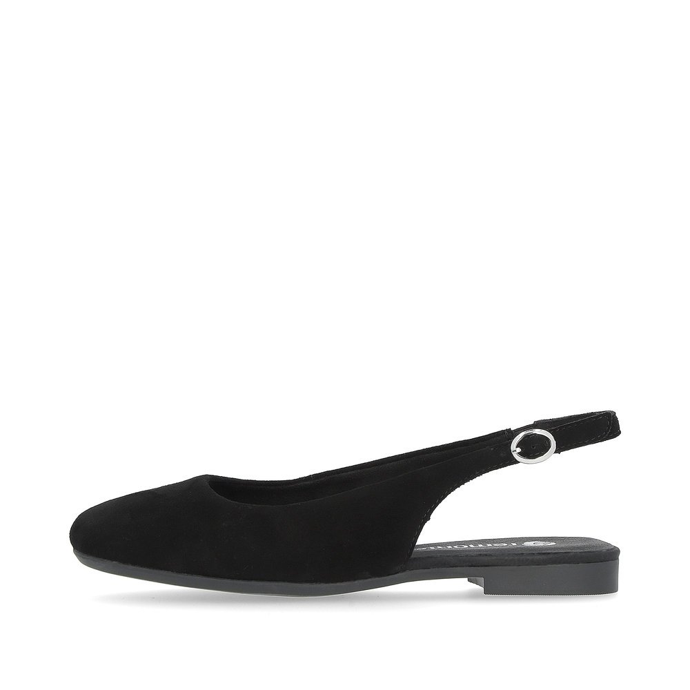 Jet black remonte women´s slingback pumps D0K07-00 with buckle and soft cover sole. Outside of the shoe.