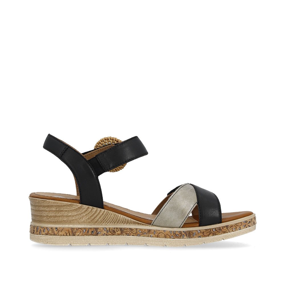 Black remonte women´s wedge sandals D3067-02 with a hook and loop fastener. Shoe inside.