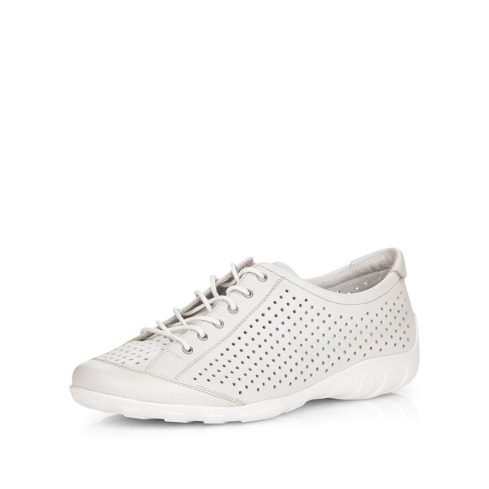 White remonte women´s lace-up shoes R3401-80 with perforated look. Shoe laterally.