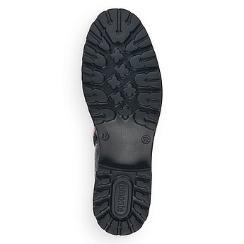 Schwarze Stiefeletten leicht wärmend aus Kunstlack mit Reißverschluss und Schnürung und Wechselfußbett. Schuh Laufsohle. 