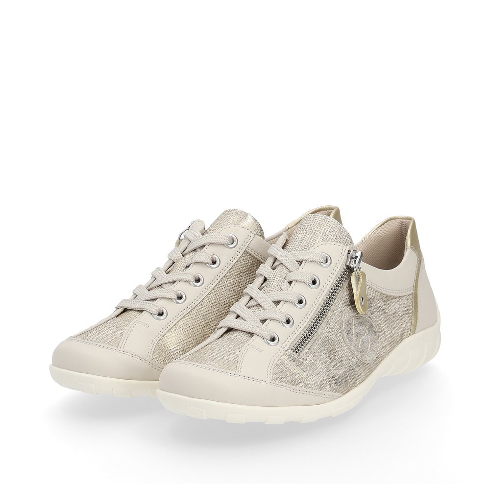Beige remonte women´s lace-up shoes R3408-60 with a zipper and comfort width G. Shoes laterally.