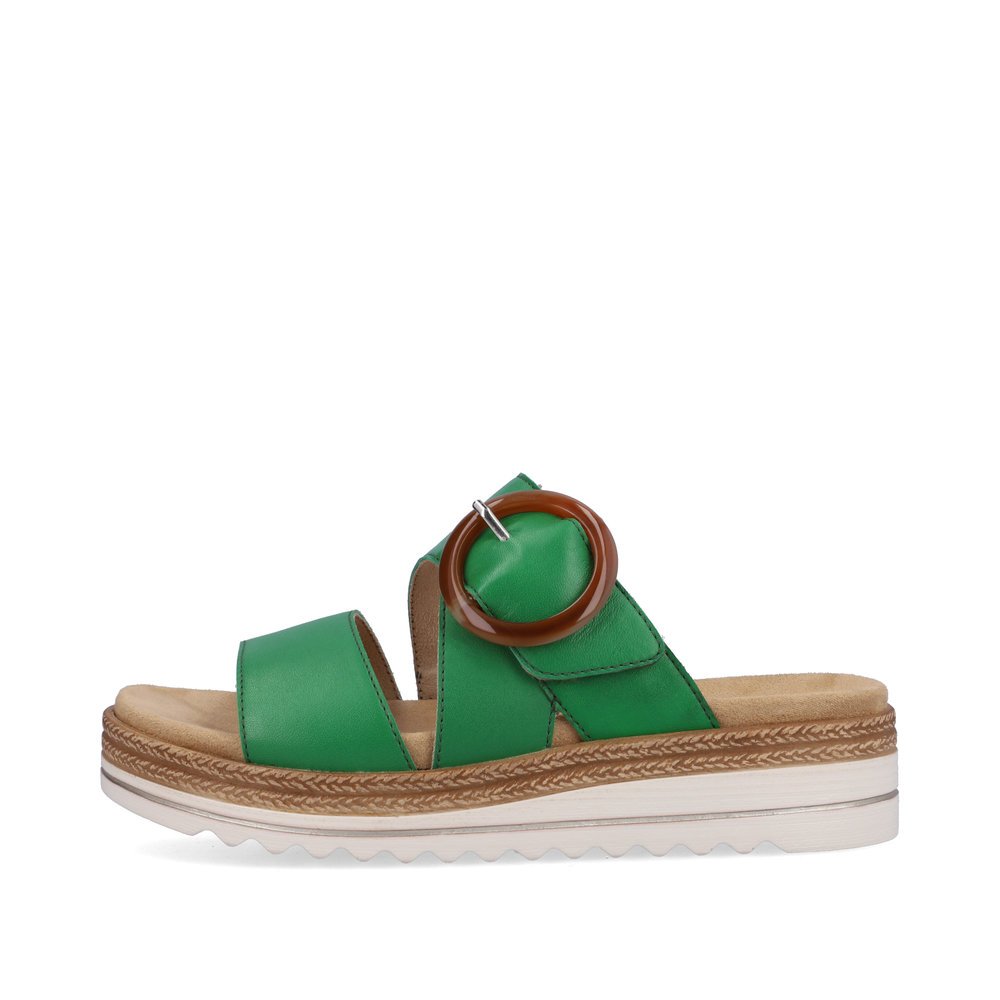 Emerald green remonte women´s mules D0Q51-52 with a hook and loop fastener. Outside of the shoe.