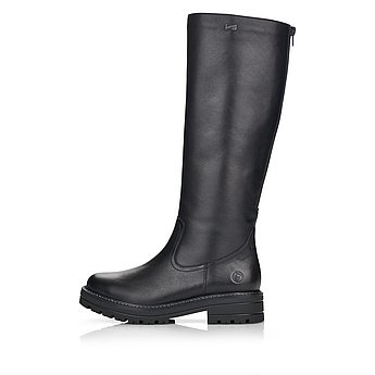 Schwarze Stiefel warm gefüttert aus Glattleder mit Reißverschluss, wasserabweisendem Remonte TEX und Wechselfußbett. Schuh Außenseite.