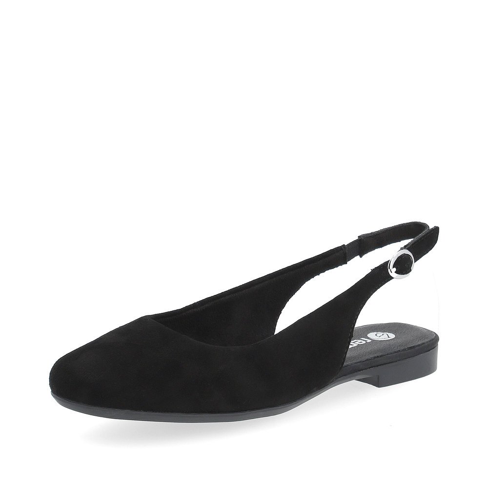 Jet black remonte women´s slingback pumps D0K07-00 with buckle and soft cover sole. Shoe laterally.