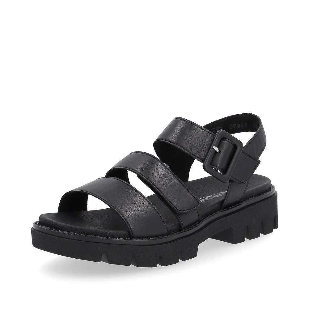 Black remonte women´s strap sandals D7957-00 with hook and loop fastener. Shoe laterally.