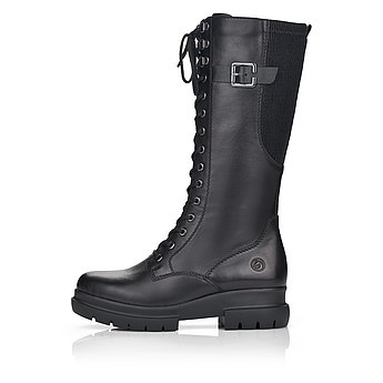 Schwarze Stiefel warm gefüttert aus Glattleder mit Reißverschluss und Schnürung, Stretch-Einsatz im Wadenbereich und Wechselfußbett. Schuh Außenseite.