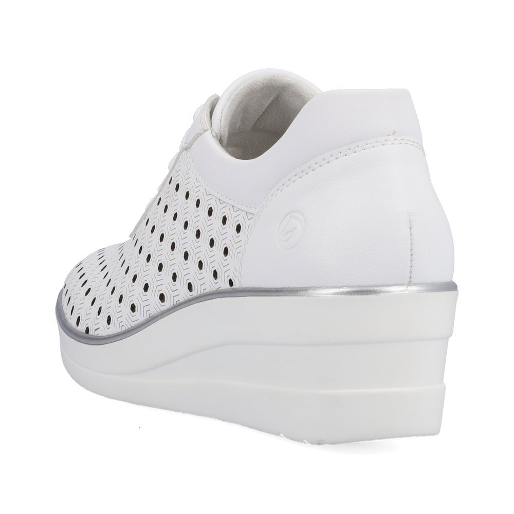 White remonte women´s sneakers R7217-80 with a lacing and perforated look. Shoe from the back.