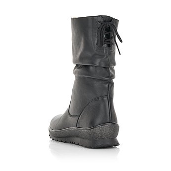 Schwarze Stiefeletten warm gefüttert aus Glattleder mit Reißverschluss und Wechselfußbett. Schuh von hinten.