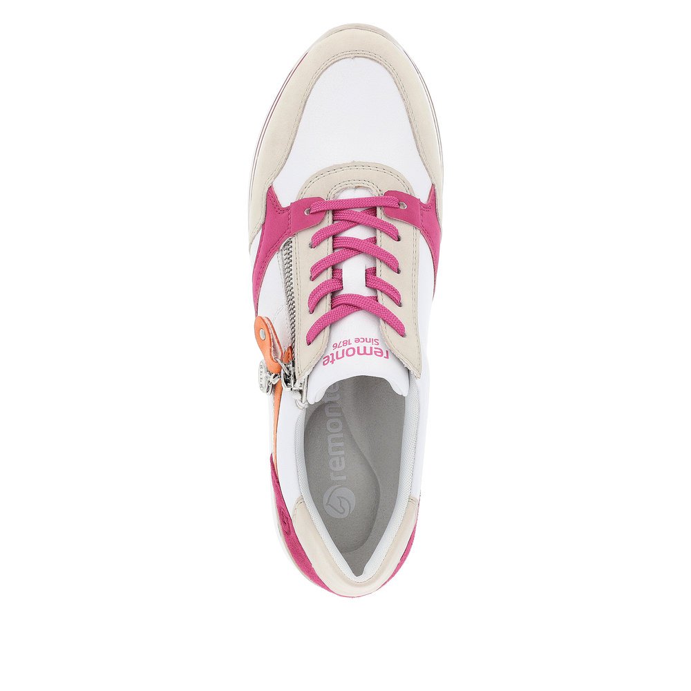 Sparkling white remonte women´s sneakers D1323-80 with a zipper and comfort width G. Shoe from the top.
