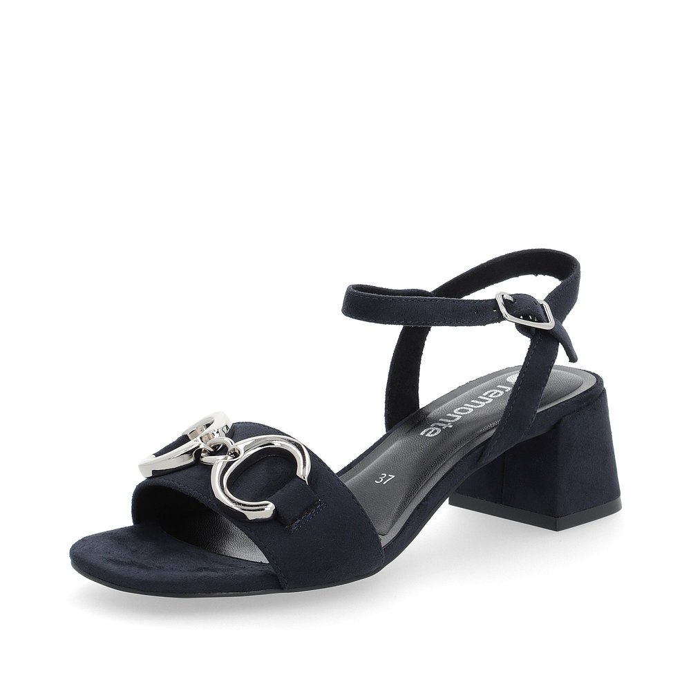 Blue vegan remonte women´s strap sandals D1L50-14 with buckle and silver accessory. Shoe laterally.