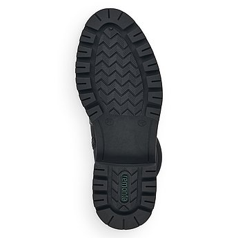 Schwarze Stiefeletten leicht wärmend aus Glattleder und Textil mit Reißverschluss, wasserabweisendem Remonte TEX und Wechselfußbett. Schuh Laufsohle. 
