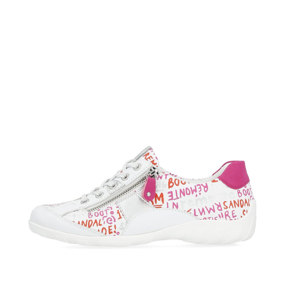 White remonte women´s lace-up shoes R3403-81 with zipper and multicolored pattern. Outside of the shoe.
