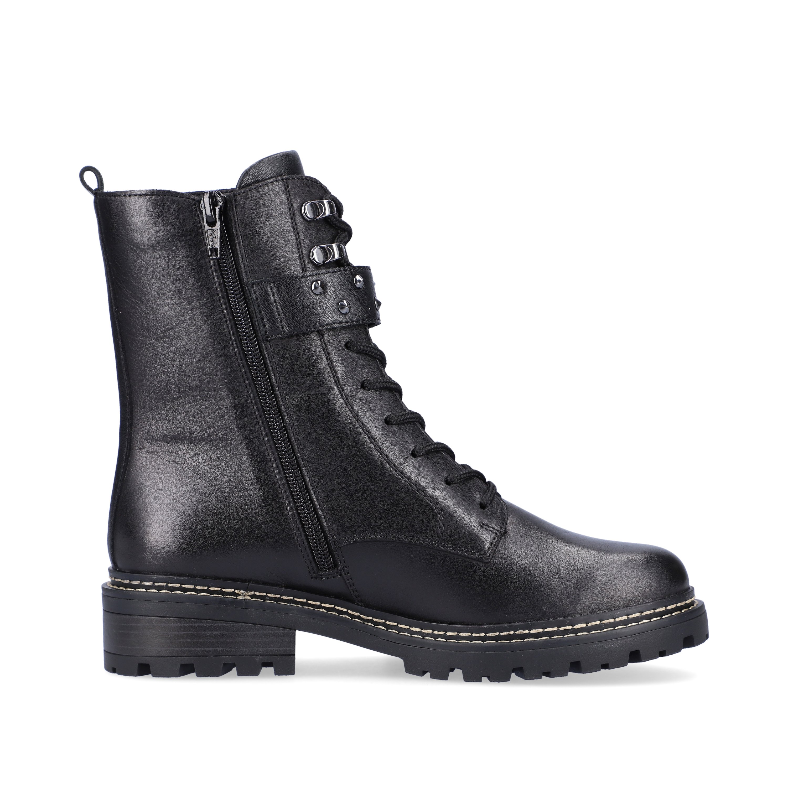 Jet black remonte women´s biker boots D0B73-01 with cushioning profile sole. Shoe inside
