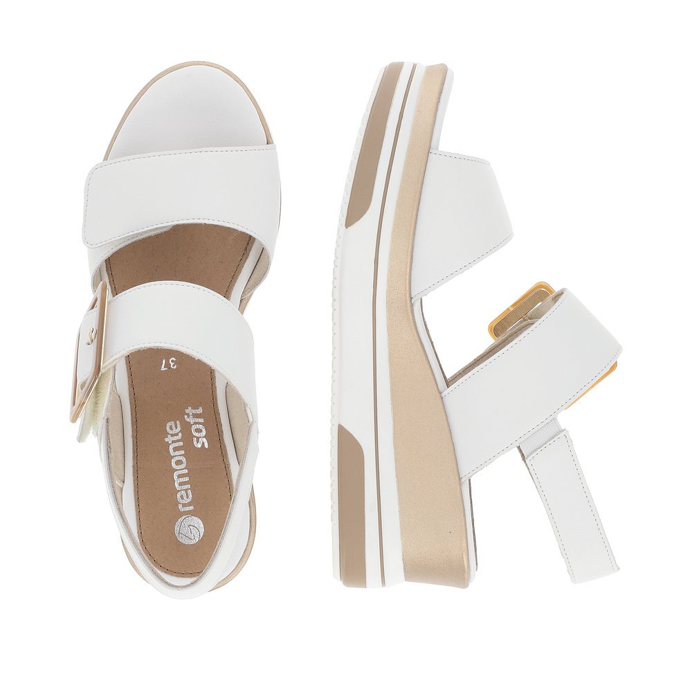Pure white remonte women´s wedge sandals D1P50-80 with a hook and loop fastener. Shoe from the top, lying.